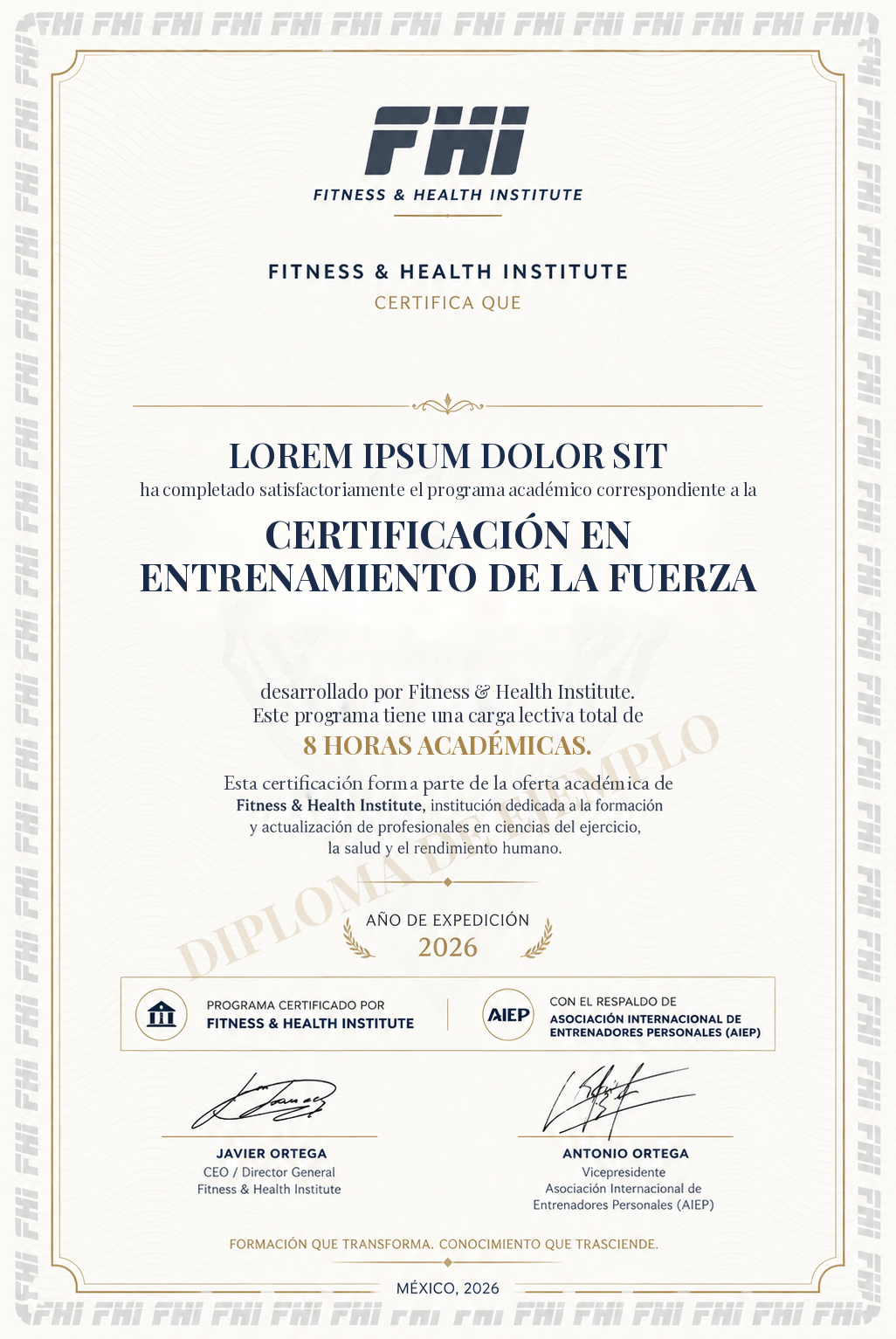 Ejemplo de diploma FHI de la Certificación en Entrenamiento de la Fuerza